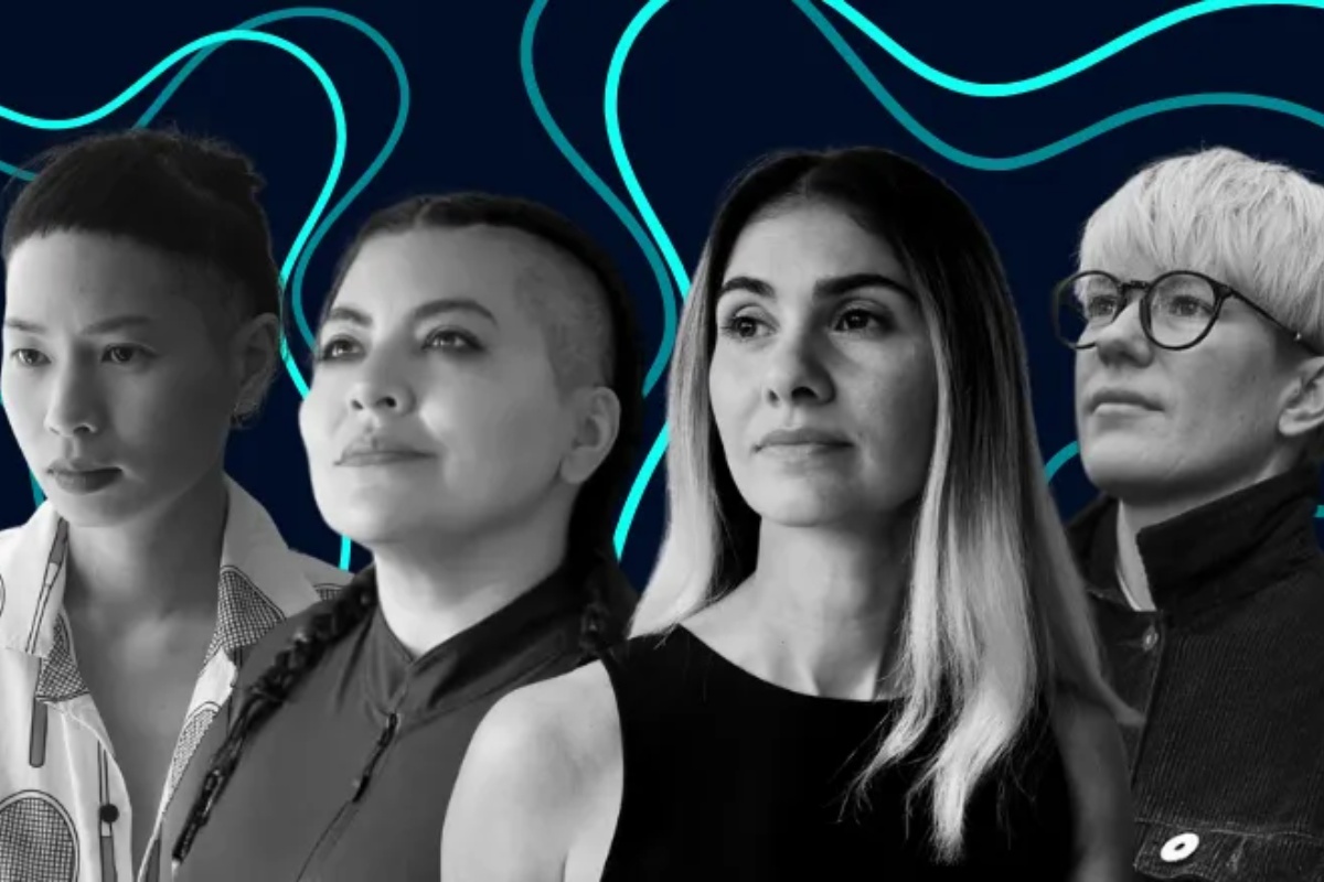 From left to right: Yarli Allison, Violeta Ayala, Lisa Jamhoury, and Rebecca Smith, in black-and-white portraits against a dark background with blue waves.